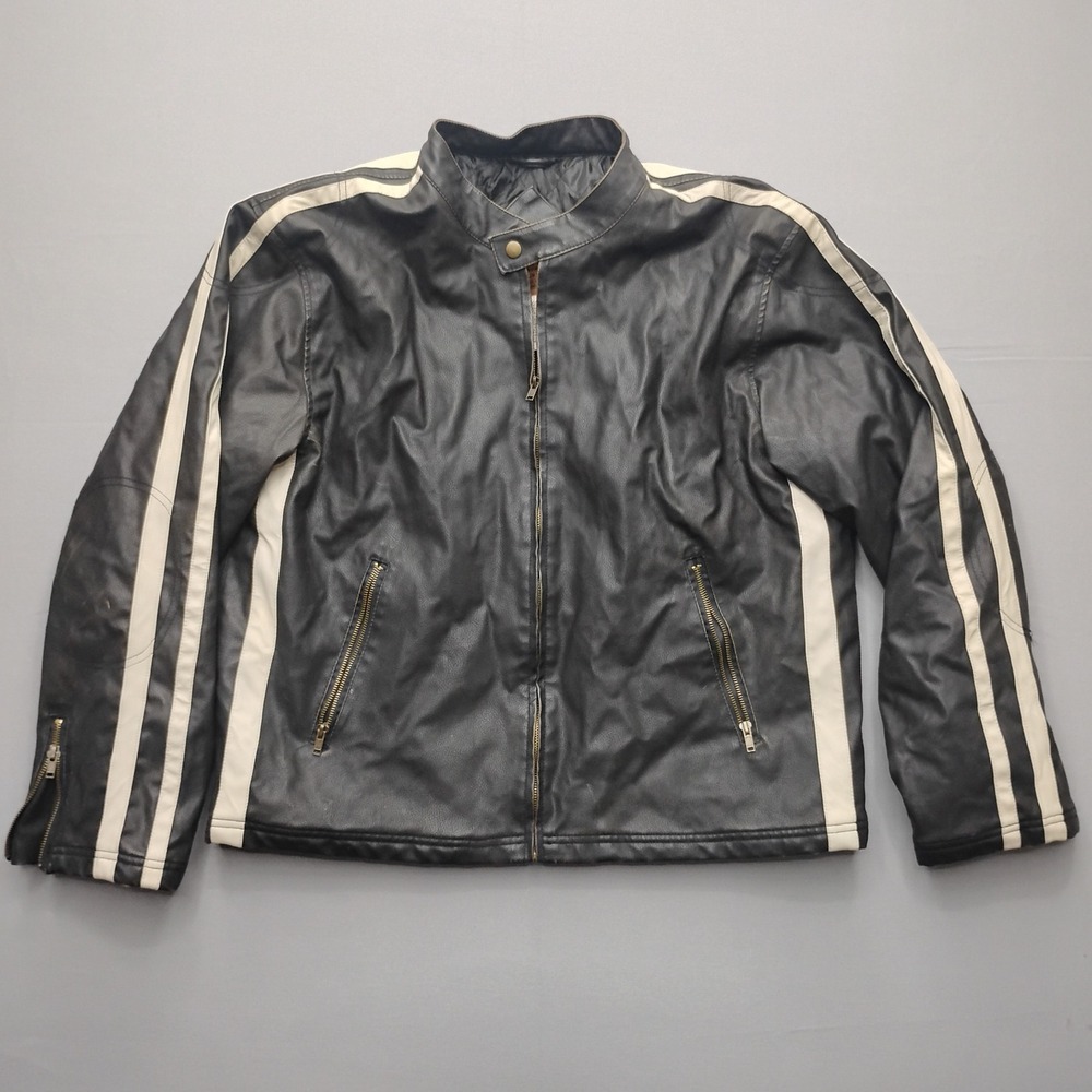 Arizona Jean Company Mens XXL Black Faux Leather Moto Jacket Racing Stripe